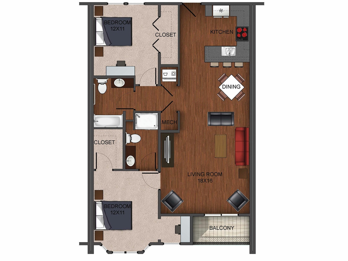 2 bedroom apartment home floor plan at Township 28 - Furnished 2 Bedroom