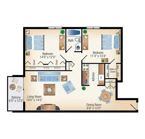 Floor Plan - HIGH RISE 2 Bed 1 Bath 
