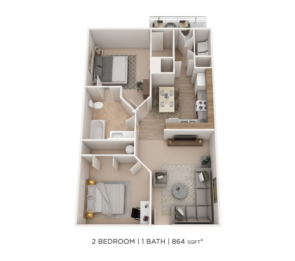 Floor Plan - Two Bedroom - Waters Edge - 864 sqft