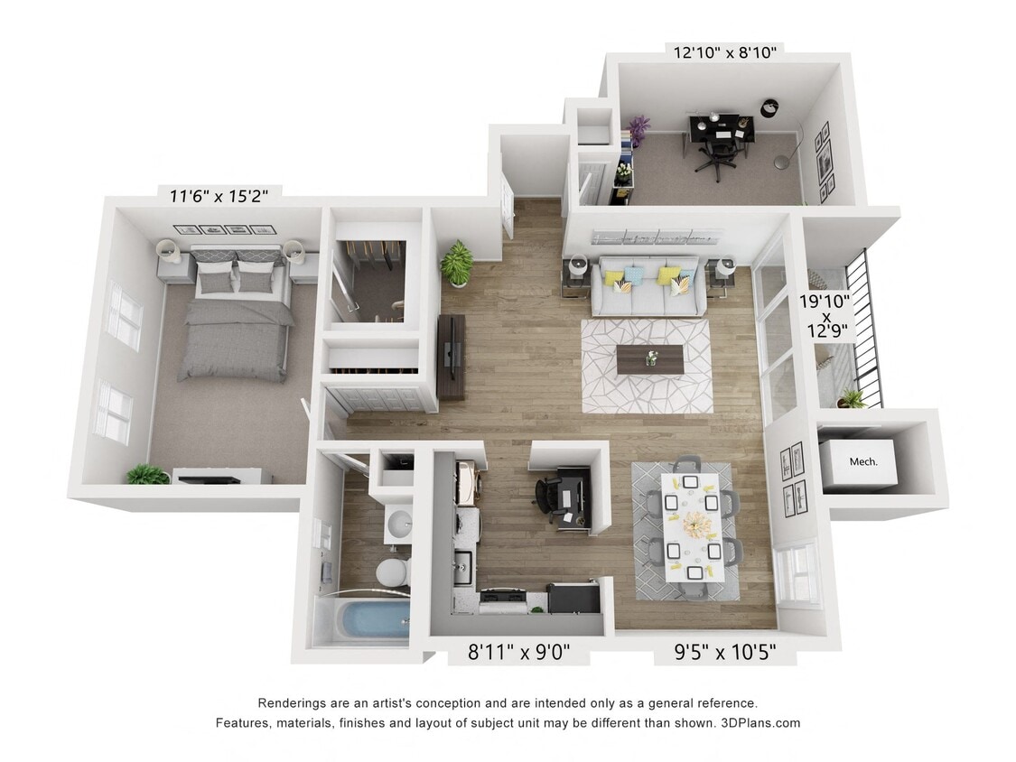 Floor Plan - Q - 1BR 1BA with Den (900sf)