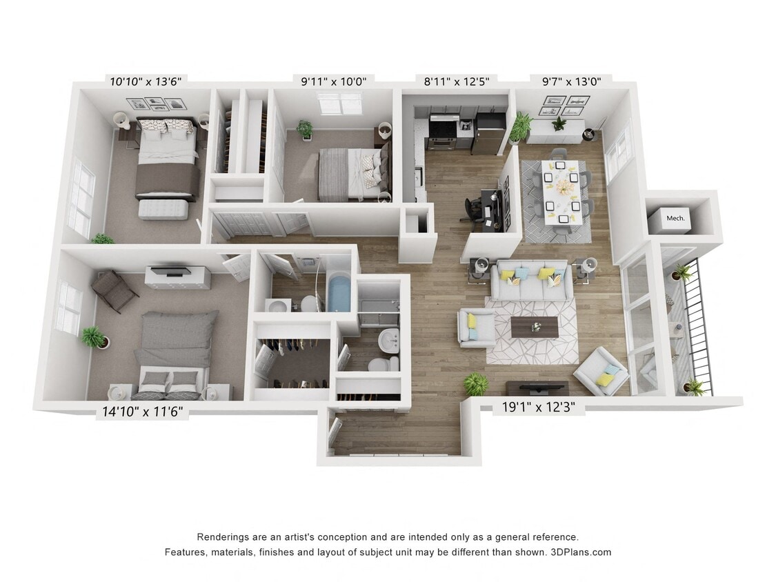 Floor Plan - Q - 3BR 2BA (1205sf)