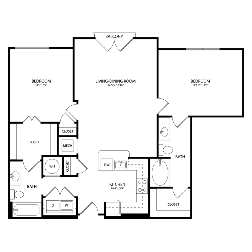Floor Plan - 2 Bedroom, 2 Bath 1110 SF KC18