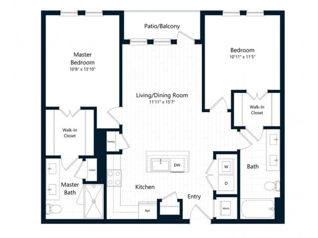 Floor Plan - Two Bedroom Two Bath (1028 SF)