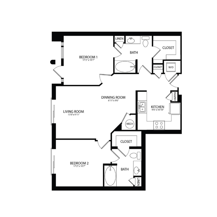 Floor Plan - 2 Bedroom, 2 Bath 995 SF B6A