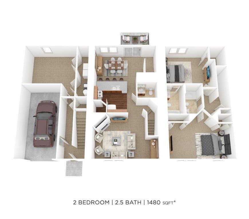 Floor Plan - Two Bedroom 2.5 Bath Townhome- 1480 sqft