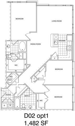 Floor Plan - 3 Bedroom, 2 Bath 1482 SF KD2