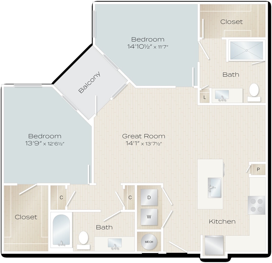 Smokie Floor Plan 2 bedrooms 2 baths 1,233 sq feet with balcony - Smokie