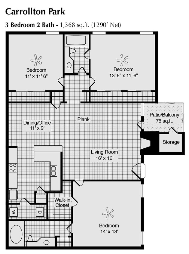 Floor Plan - 3 Bed 2 Bath 1368 SqFt (1290 Net)