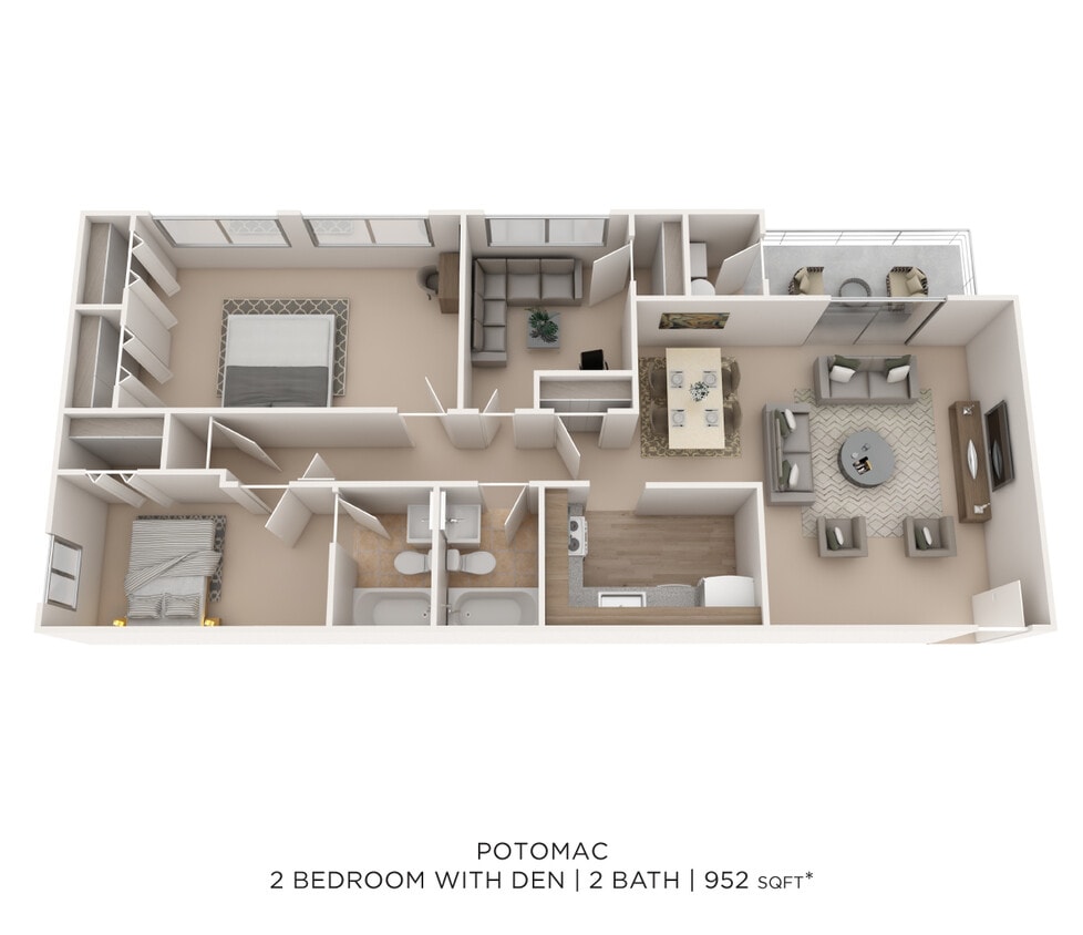 Floor Plan - Two Bedroom 2 Bath - 952 sqft