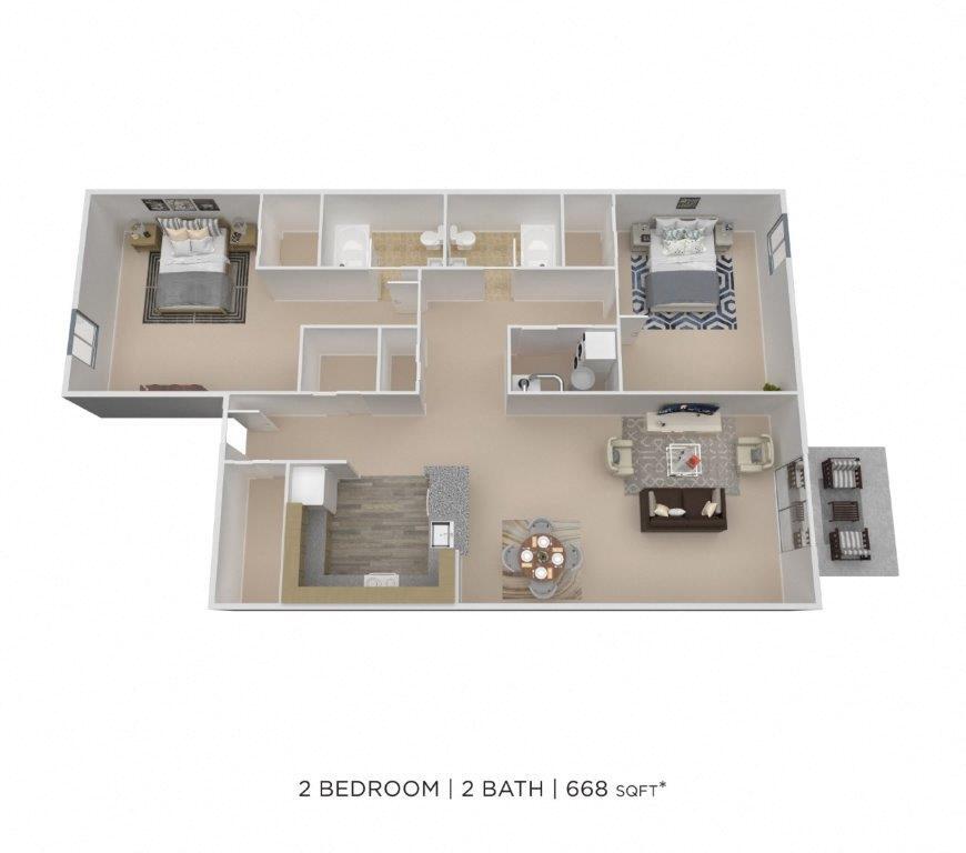 Floor Plan - Two Bedroom 2 Bath - 655 sqft