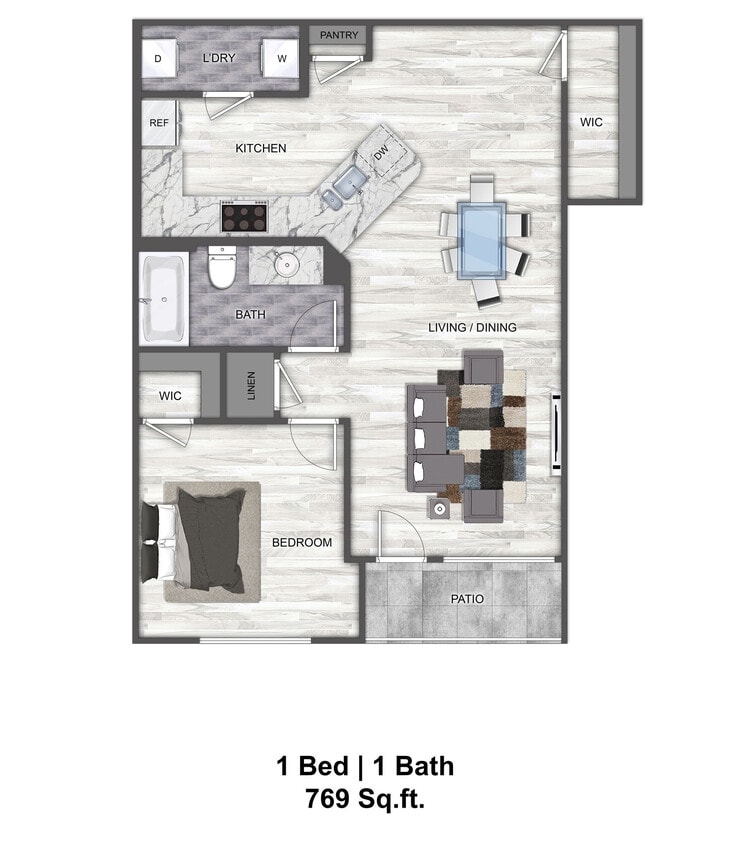 Floor Plan - A2 - 1 Bedroom 1 Bath