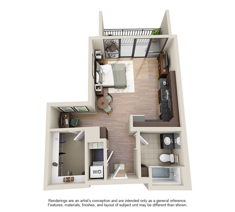 549 square foot studio apartment with 1 bath luxury vinyl tile floors and private balcony - S1 Penthouse