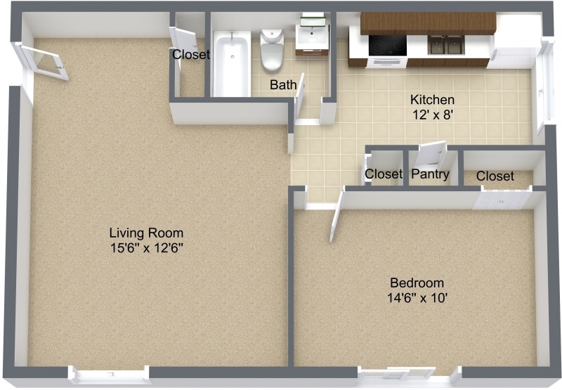 1BR, 1BA - 700 SF - One bedroom