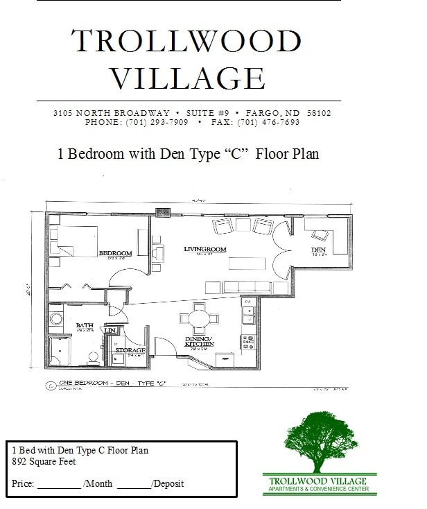 Floor Plan - 1 Bedroom with Den - Furnished