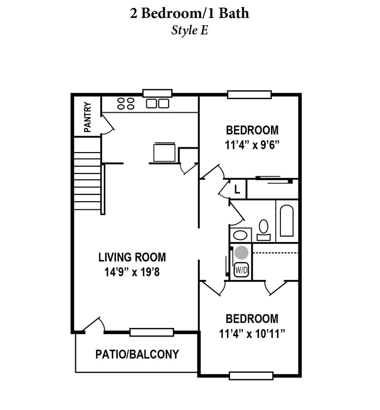 Floor Plan - 2 Bedroom, 1 Bath 1,000SqFt