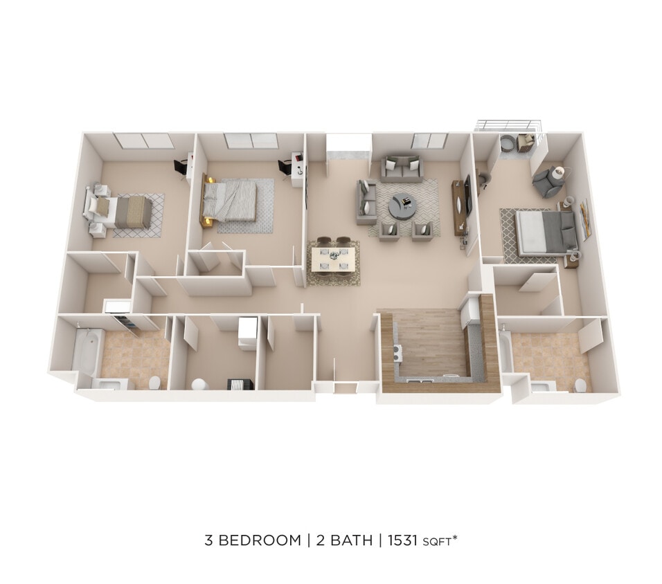 Floor Plan - Three Bedroom 2 Bath-1531sqft