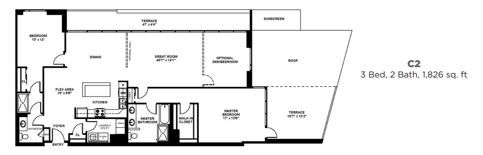 Floor Plan - C2 - Two Bedroom 2 Bath