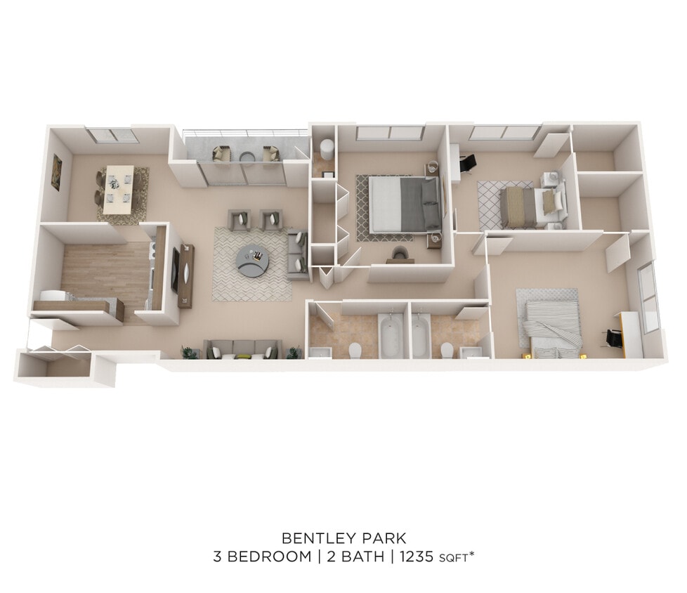 Floor Plan - Three Bedroom 2 Bath - 1,235 sqft