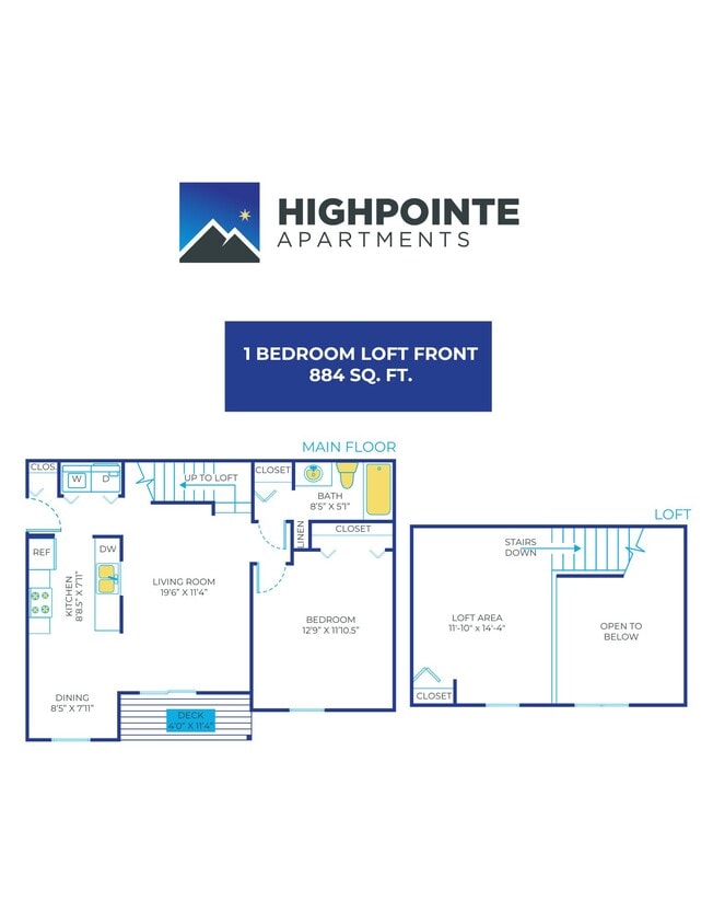 Floor Plan - 1 Bed, 1 Bath Loft - 884 sq ft