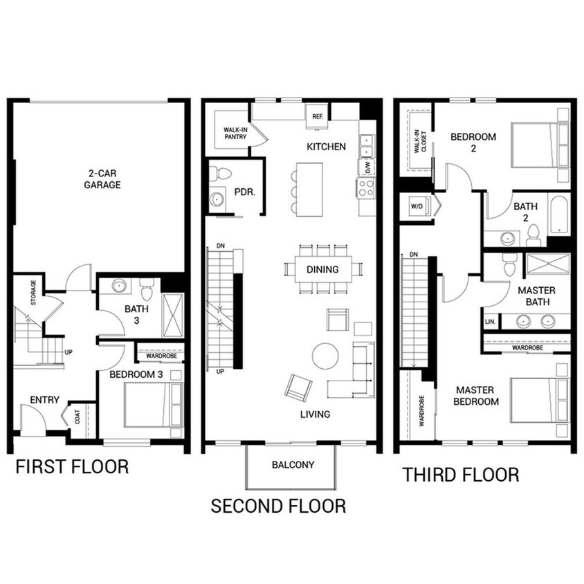 Modern three-story floor plan with 3 bedrooms, expansive living area, sleek kitchen, and 2-car garage. - C3