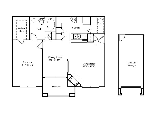 One bedroom, One bathroom apartment home with attached garage. - The Geneva