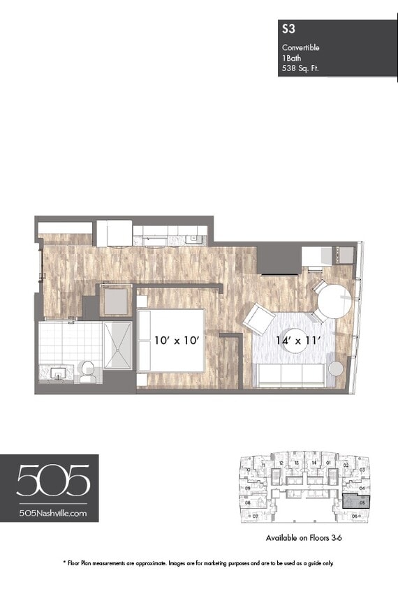 Floor Plan - 505 Studio Stack 05 & 08 Floors 3-6
