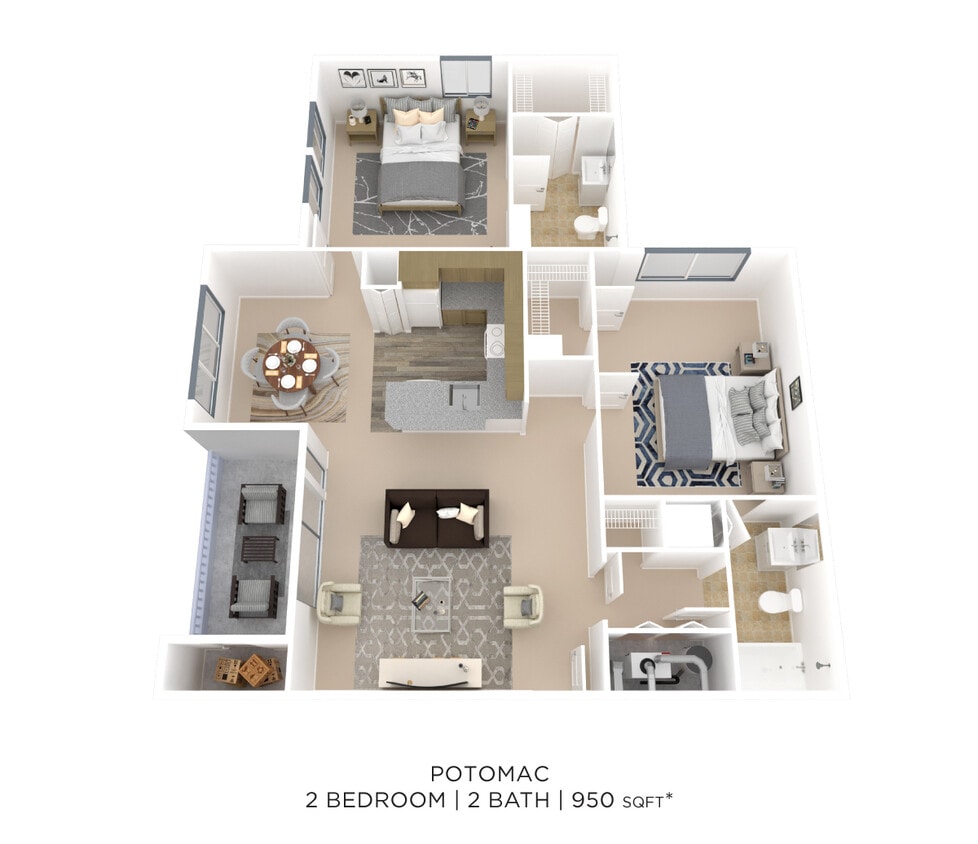 Floor Plan - Two Bedroom 2 Bath - 950 sqft