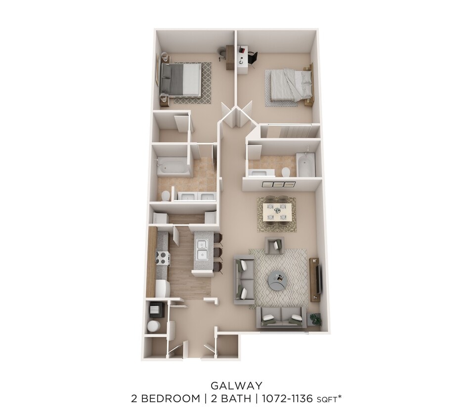 Floor Plan - Two Bedroom 2 Bath- 1072 sqft