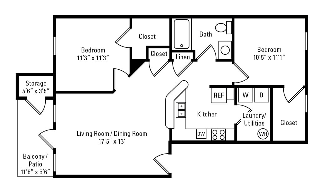 Floor Plan - 2 Bedroom, 1 Bath 893 sq. ft. - Bailey