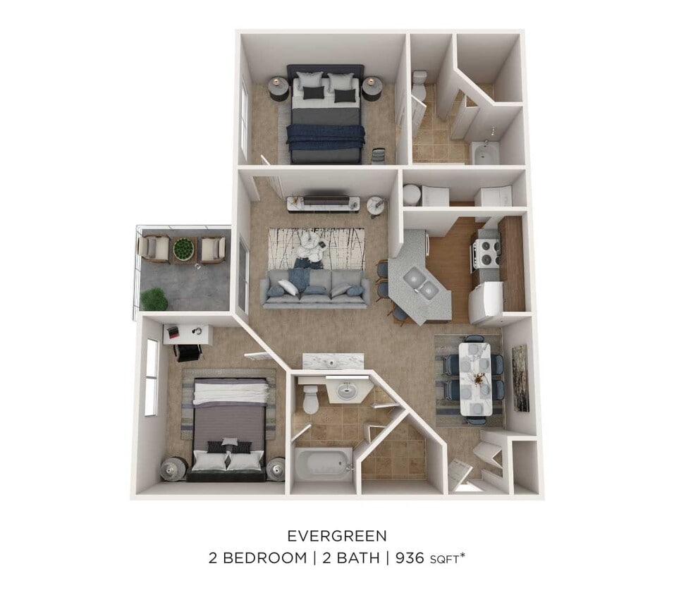 Floor Plan - Two Bedroom 2 Bath- 936 sqft