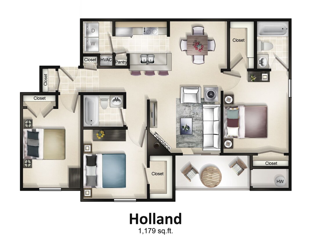 Floor Plan - 3 Bedroom 2 Bath with Balcony or Patio Holland