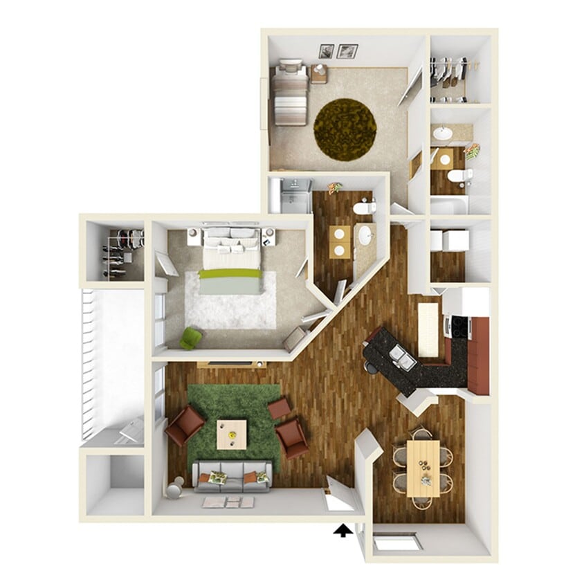 Floor Plan - D-2 BED - DEN FIREPLACE