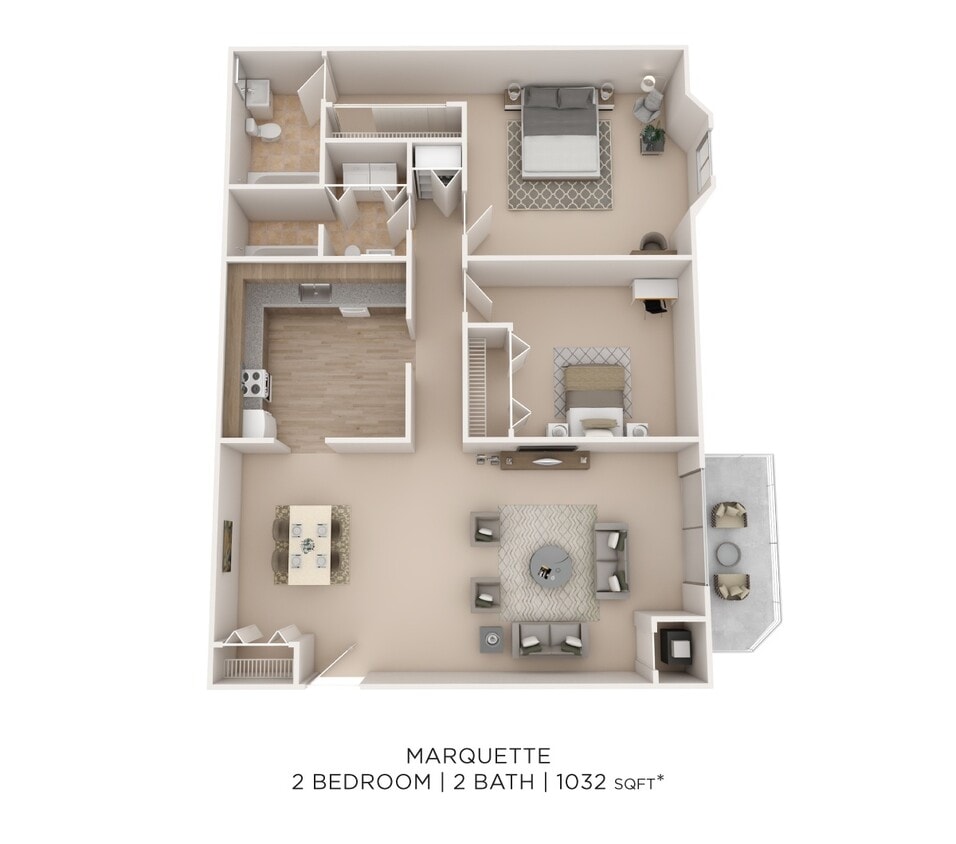 Floor Plan - Two Bedroom 2 Bath- 1032 sqft