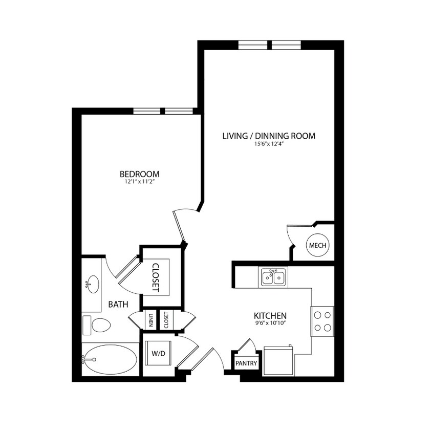 Floor Plan - 1 Bedroom, 1 Bath 697 SF A15B