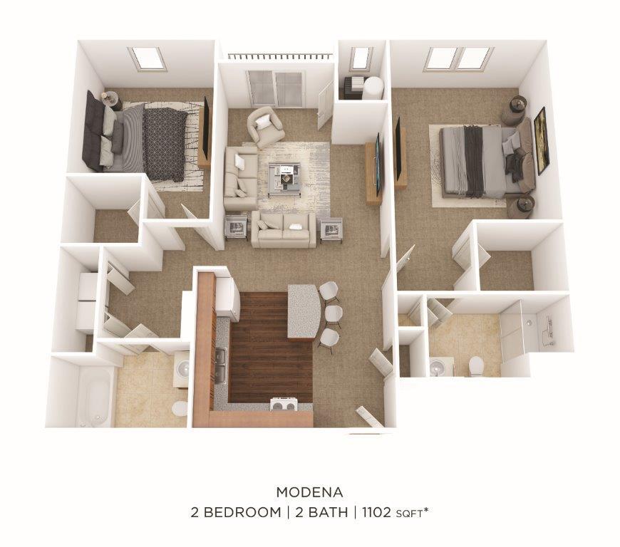 Floor Plan - Two Bedroom 2 Bath- 1102 sqft
