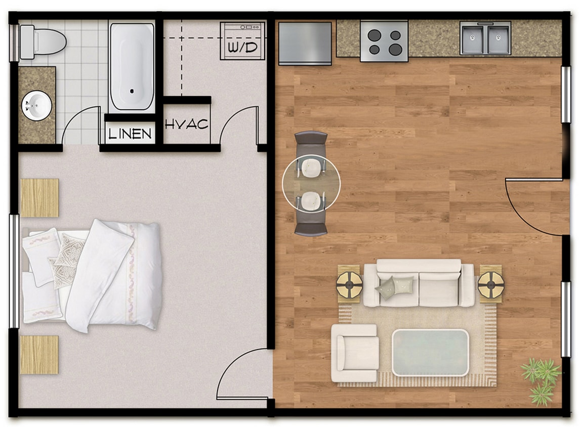 Floor Plan - 1Bed 1Bath Plan B Furnished