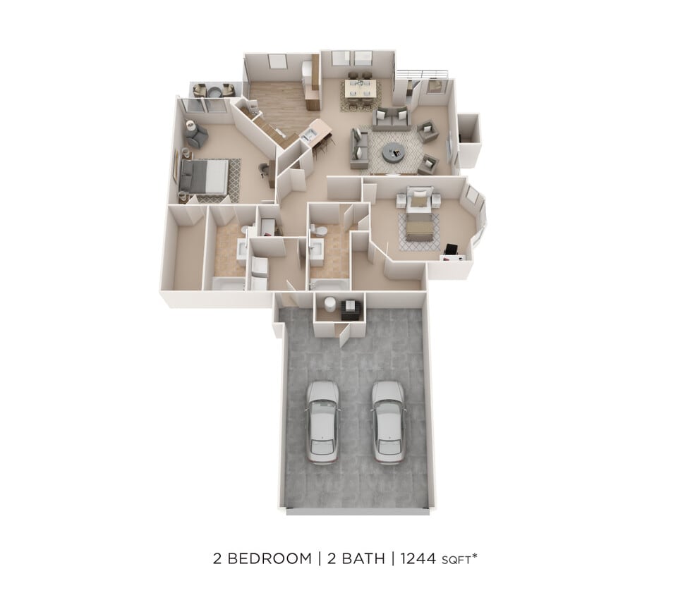 Floor Plan - Two Bedroom 2 Bath- 1244 sqft