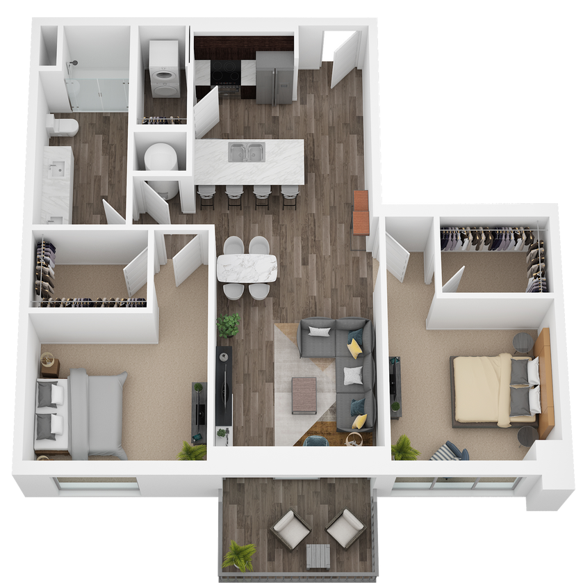 2Bd 1Ba w Balcony 3D.png - Two Bed/One Bath/Balcony