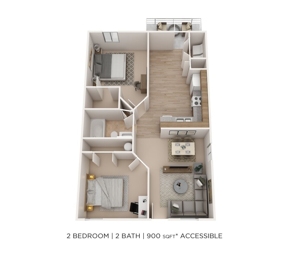 Floor Plan - Two Bedroom 2 Bath-Alexander Station 900 sqft