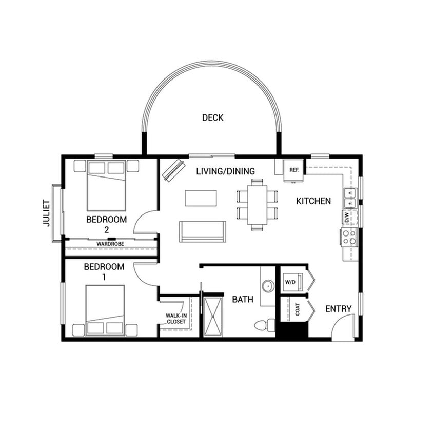 Charming floor plan featuring 2 cozy bedrooms, a spacious living/dining area, modern kitchen, and inviting deck. - B3