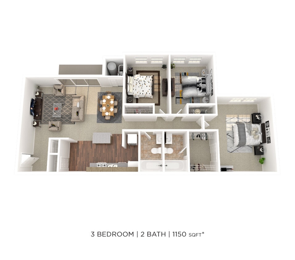 Floor Plan - Three Bedroom 2 Bath - 1,150 sqft