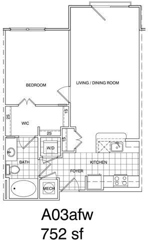 Floor Plan - 1 Bedroom, 1 Bath 758 SF KA3.4