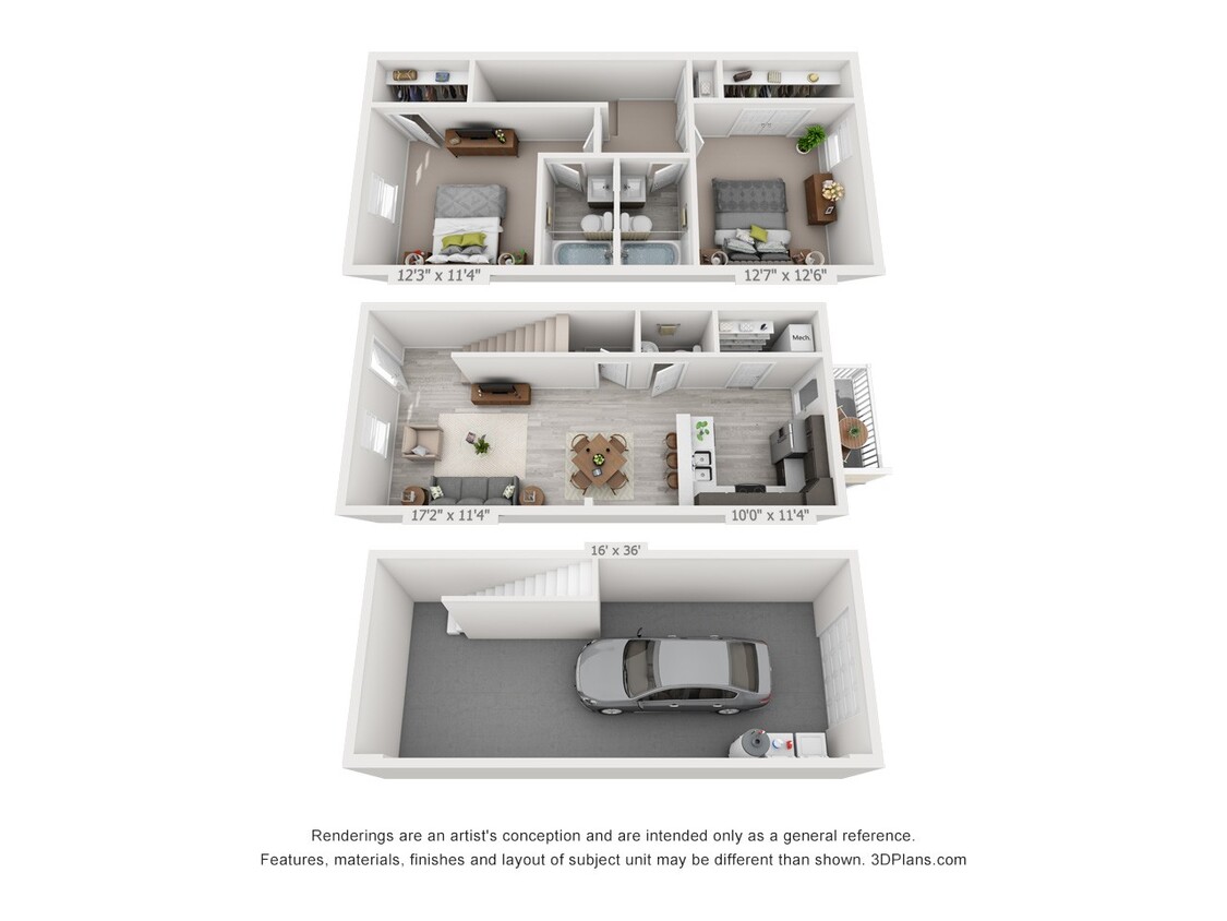 Floor Plan - 2 Bedroom, 2.5BA Townhome with Drive Under Garage