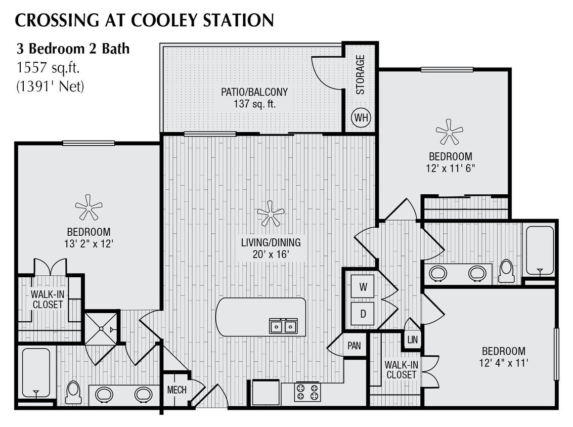 Floor Plan - 3 Bed 2 Bath 1557 SqFt (1391 Net)