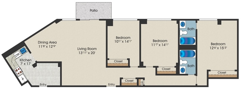 3BR 2BA 1295 sq. ft - 3BR 2BA (1295sf)