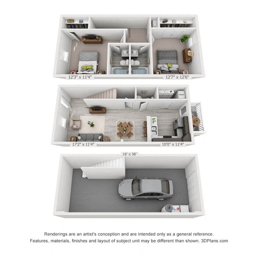Floor Plan - 2 Bedroom, 2.5BA Townhome with Garage - expanded
