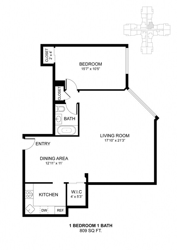 Floor Plan - 1 Bdrm 809 Sq Ft