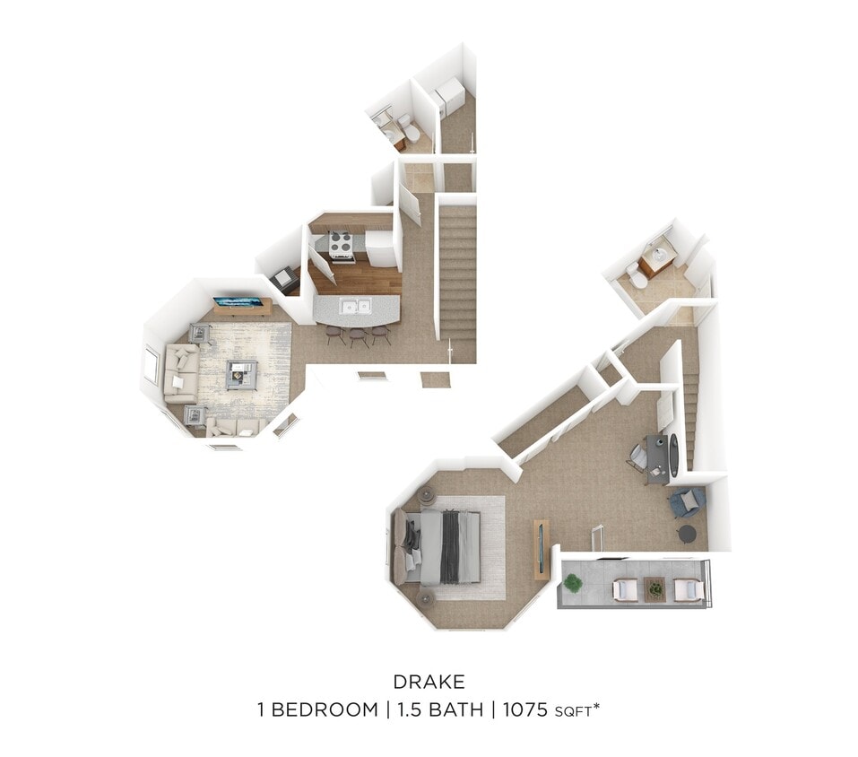 Floor Plan - One Bedroom 1.5 Bath Townhome - Drake