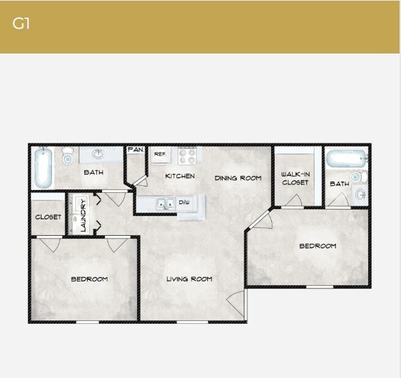 G1 Floor Plan - 2 Bedroom 2 Bathroom