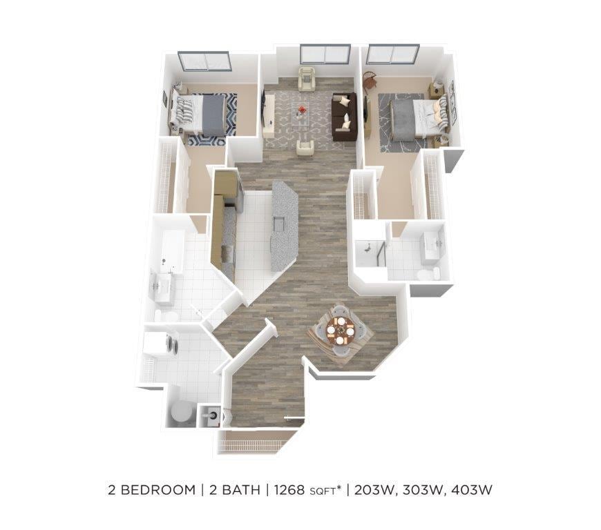 Floor Plan - Two Bedroom 2 Bath w/ Den- 1268 sqft